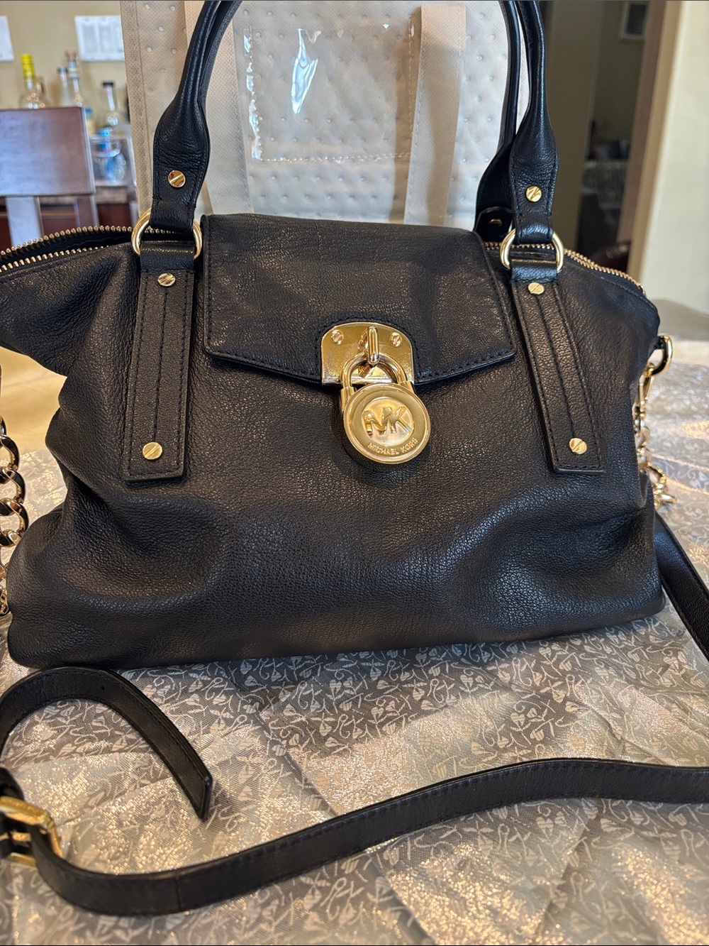 Michael Kors Black Leather Shoulder Satchel with Gold Accent Lock